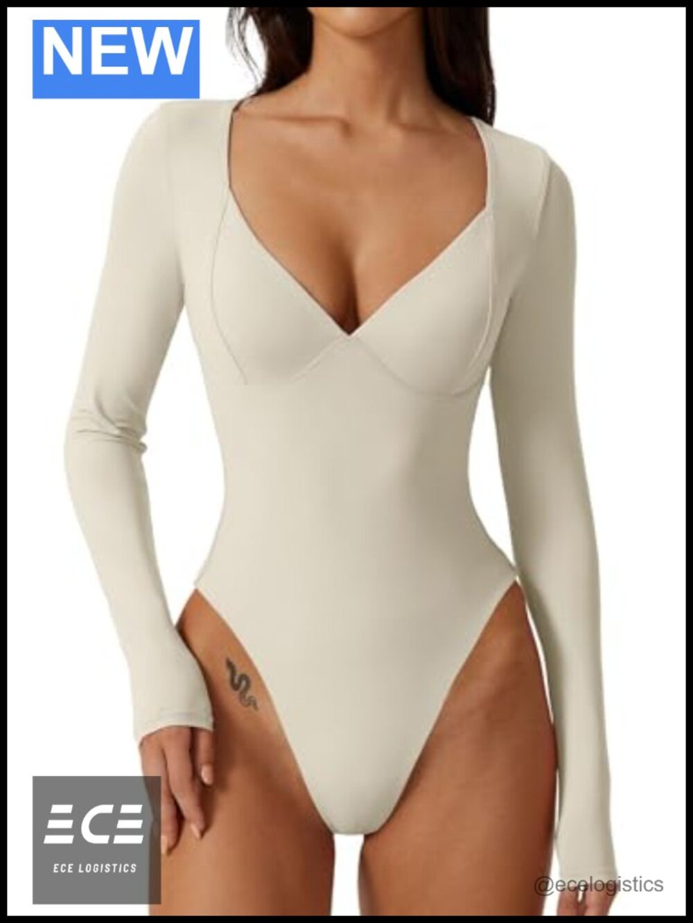 Polyamide Spandex Long Sleeve Bodysuit V Neck Seamed Cup Thong Bottom